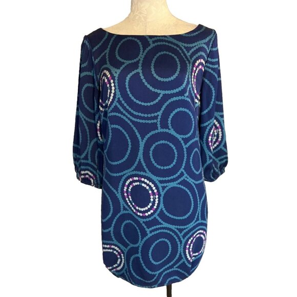 Trina Turk Shift Dress 8 Silk 3/4 Long Sleeve Shift Blue Green More Circles - Picture 1 of 7